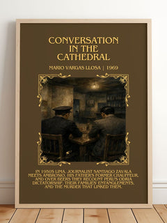Conversation in the Cathedral Minimalist Book Poster by M. Llosa – framed print leaning on a wooden floor