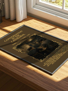 Conversation in the Cathedral Minimalist Book Poster by M. Llosa – print on a sunlit desk