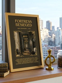 Fortress Besieged Minimalist Book Poster by Qian Zhongshu – framed print on a city-view windowsill