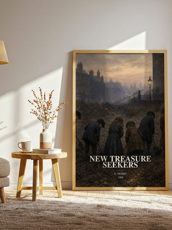 New Treasure Seekers watercolour print in frame leaning in hallway – childrens wall art