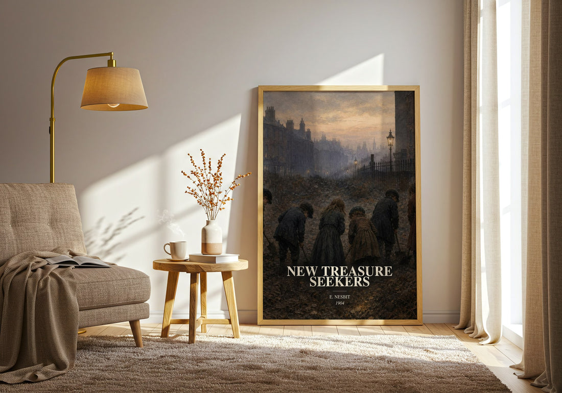 New Treasure Seekers watercolour print in frame leaning in hallway – childrens wall art (mockup)