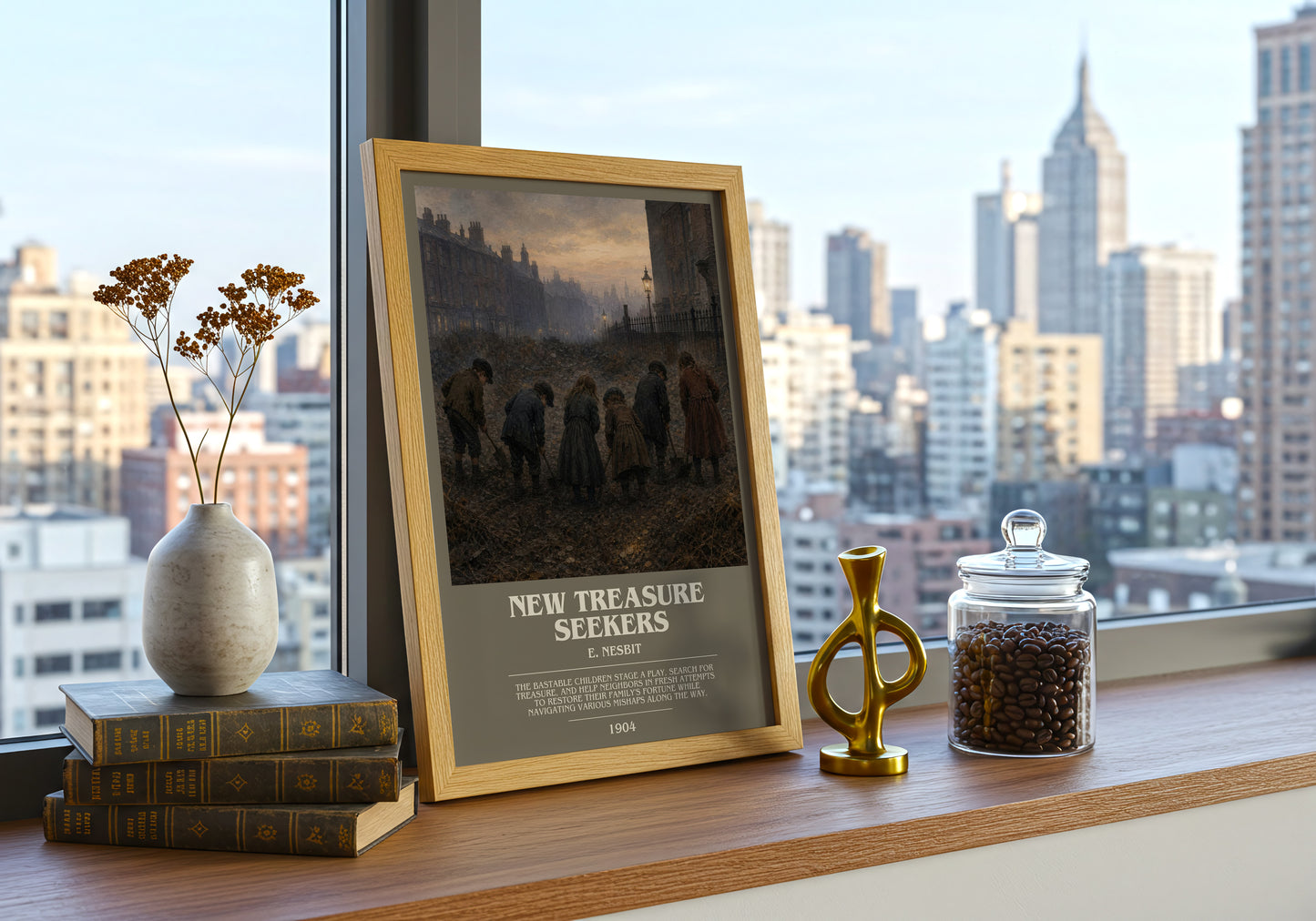 New Treasure Seekers bookish print framed by window – literary home decor