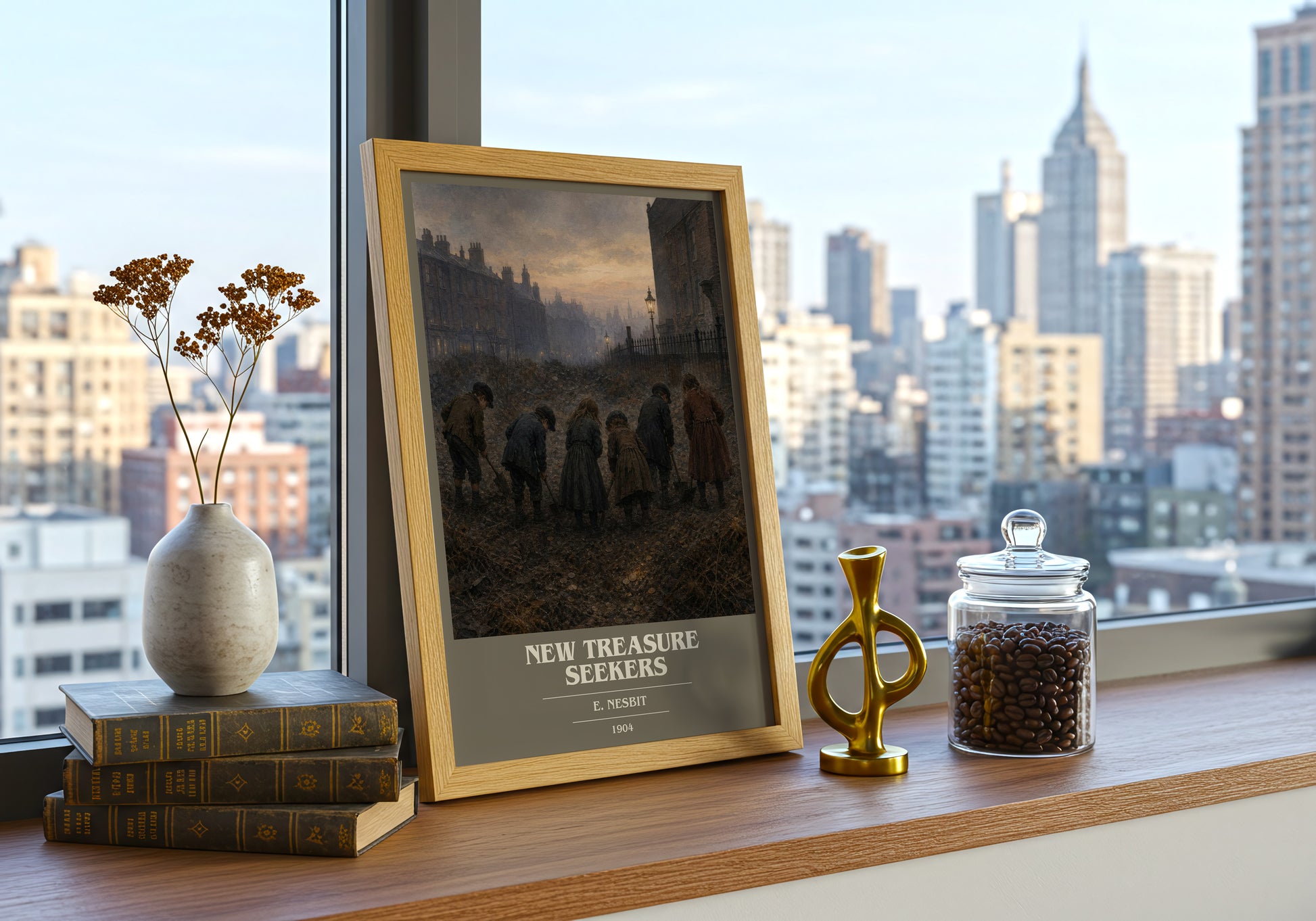 New Treasure Seekers book cover print framed by window – literary home decor