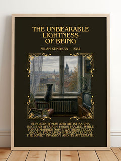Unbearable Lightness of Being Minimalist Book Poster by Milan Kundera – framed print leaning on a wooden floor