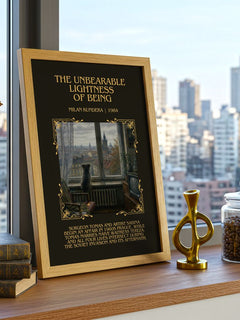 Unbearable Lightness of Being Minimalist Book Poster by Milan Kundera – framed print on a city-view windowsill