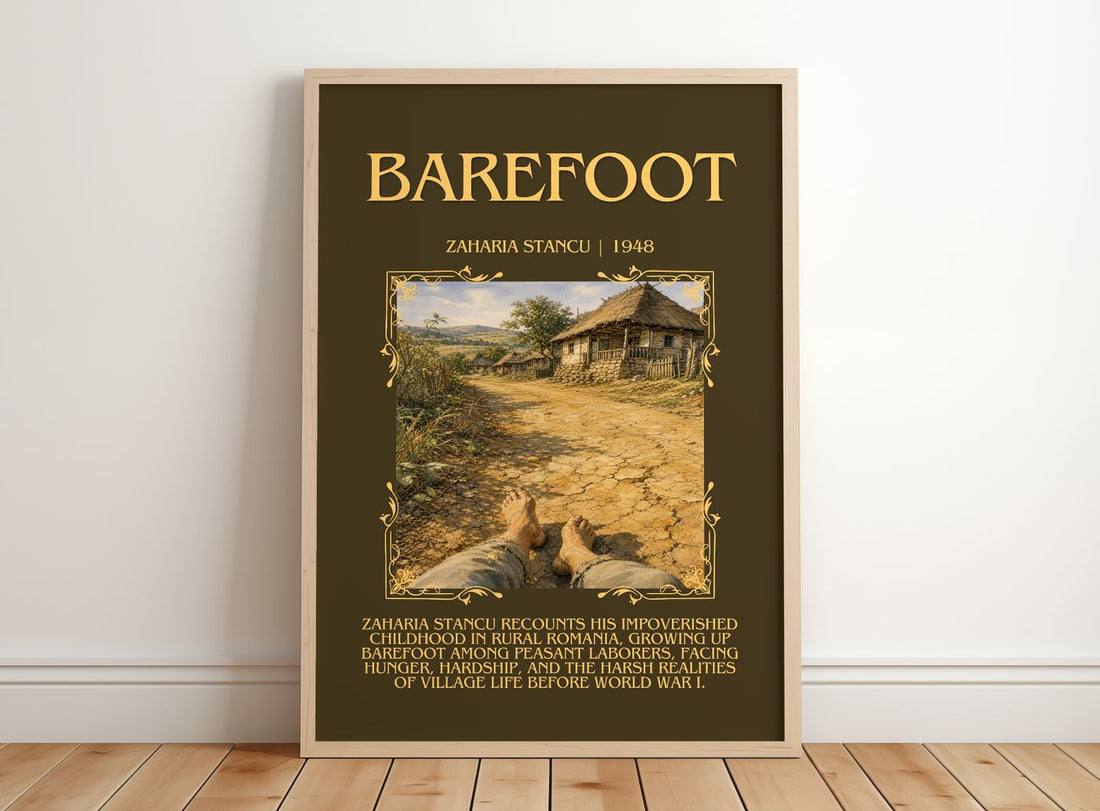 Barefoot Minimalist Book Poster by Zaharia Stancu – framed print leaning on a wooden floor