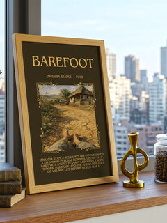 Barefoot Minimalist Book Poster by Zaharia Stancu – framed print on a city-view windowsill