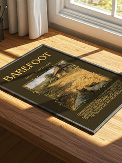 Barefoot Minimalist Book Poster by Zaharia Stancu – print on a sunlit desk