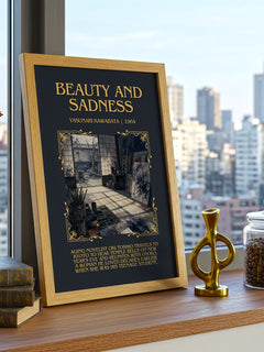 Beauty and Sadness Minimalist Book Poster by Yasunari Kawabata – framed print on a city-view windowsill