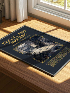 Beauty and Sadness Minimalist Book Poster by Yasunari Kawabata – print on a sunlit desk
