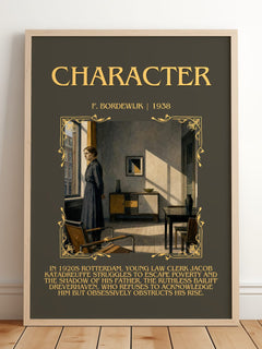 Character Minimalist Book Poster by F. Bordewijk – framed print leaning on a wooden floor
