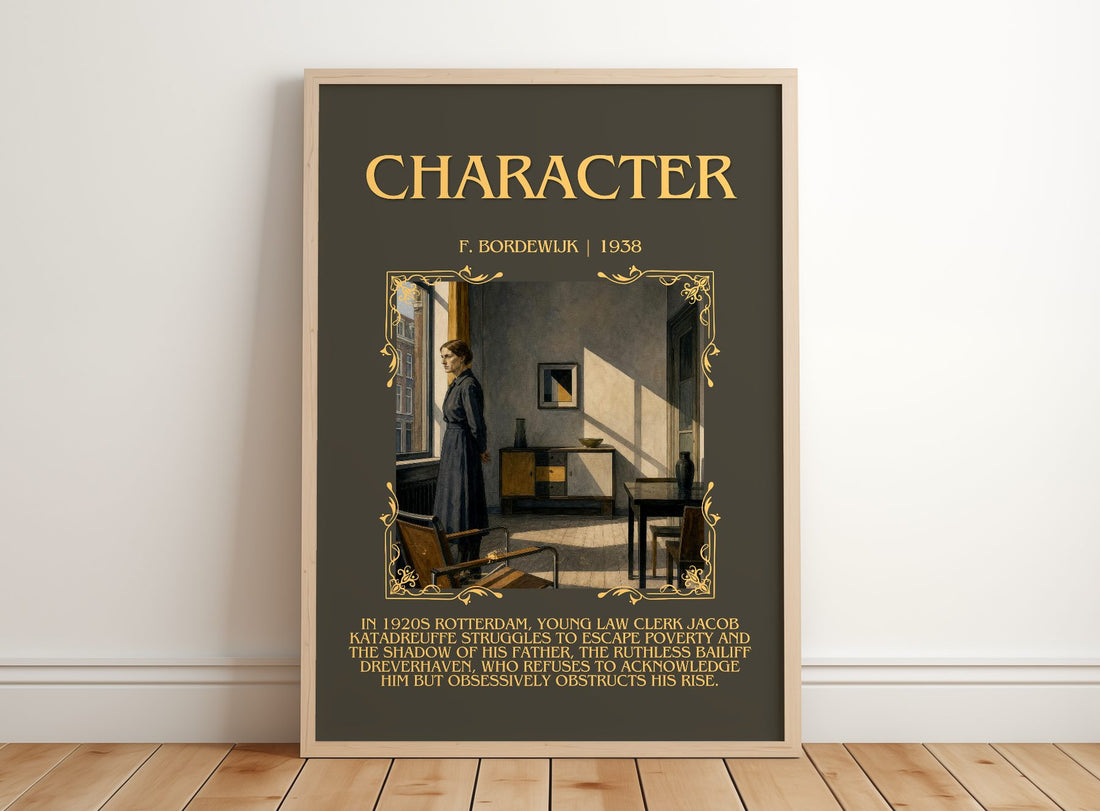 Character Minimalist Book Poster by F. Bordewijk – framed print leaning on a wooden floor
