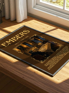 Embers Minimalist Book Poster by Sandor Marai – print on a sunlit desk