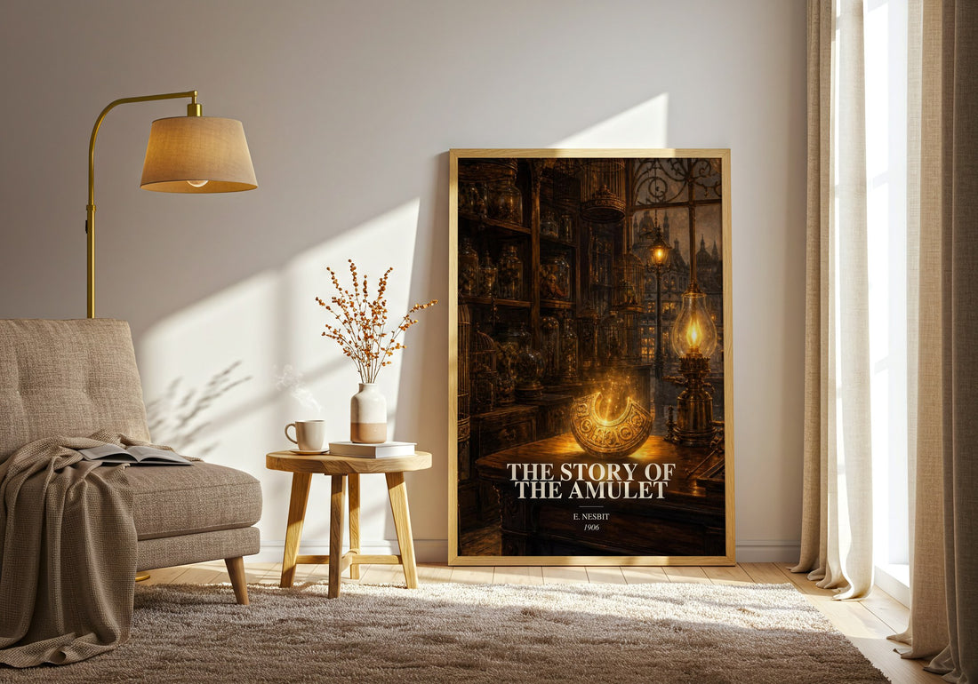 The Story Of The Amulet watercolour print in frame leaning in hallway – childrens wall art (mockup)