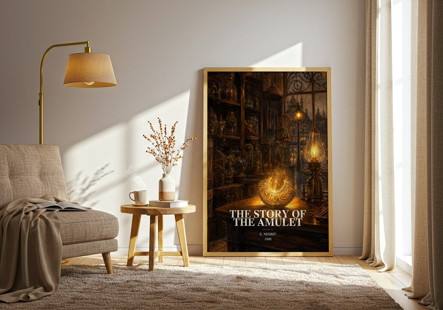 The Story Of The Amulet watercolour print in frame leaning in hallway – childrens wall art