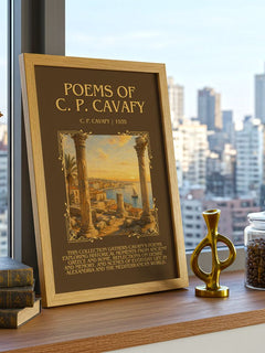 Poems Of C. P. Cavafy Minimalist Book Poster by C. P. Cavafy – framed print on a city-view windowsill