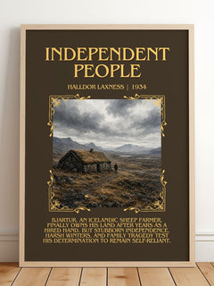 Independent People Minimalist Book Poster by Halldor Laxness – framed print leaning on a wooden floor