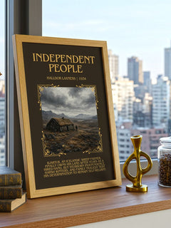 Independent People Minimalist Book Poster by Halldor Laxness – framed print on a city-view windowsill