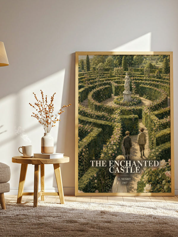 The Enchanted Castle watercolour print in frame leaning in hallway – childrens wall art