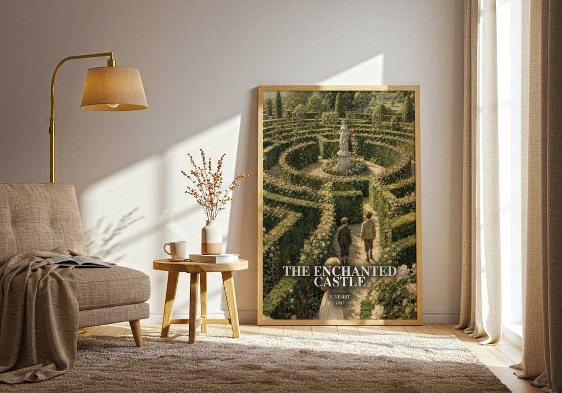 The Enchanted Castle watercolour print in frame leaning in hallway – childrens wall art (mockup)