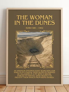The Woman in the Dunes Minimalist Book Poster by Kobo Abé – framed print leaning on a wooden floor