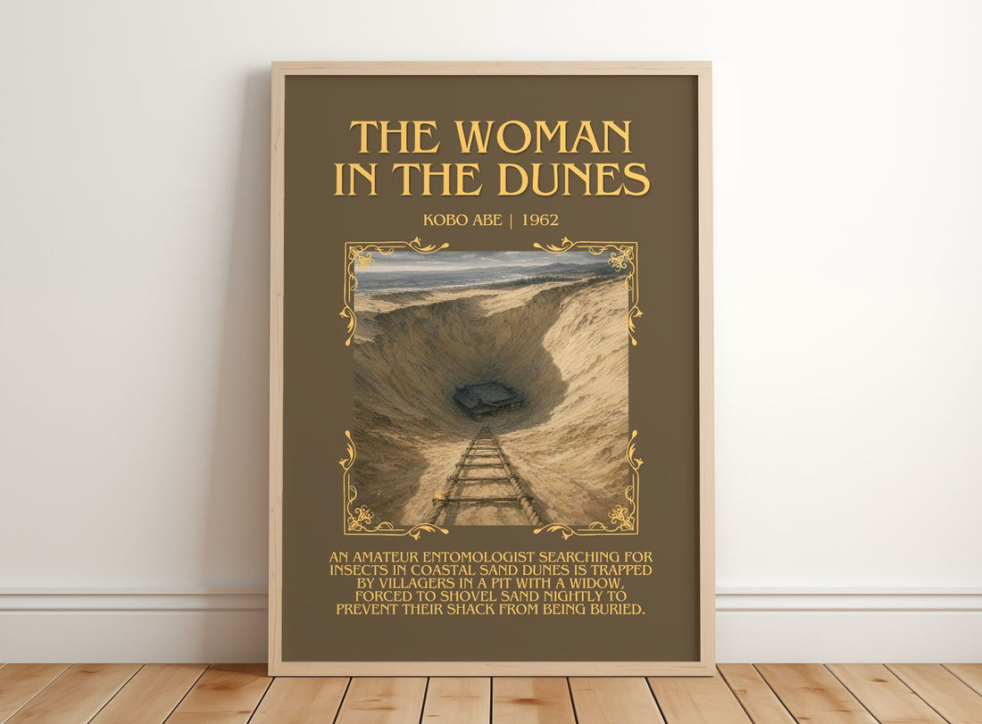 The Woman in the Dunes Minimalist Book Poster by Kobo Abé – framed print leaning on a wooden floor
