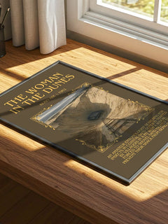The Woman in the Dunes Minimalist Book Poster by Kobo Abé – print on a sunlit desk