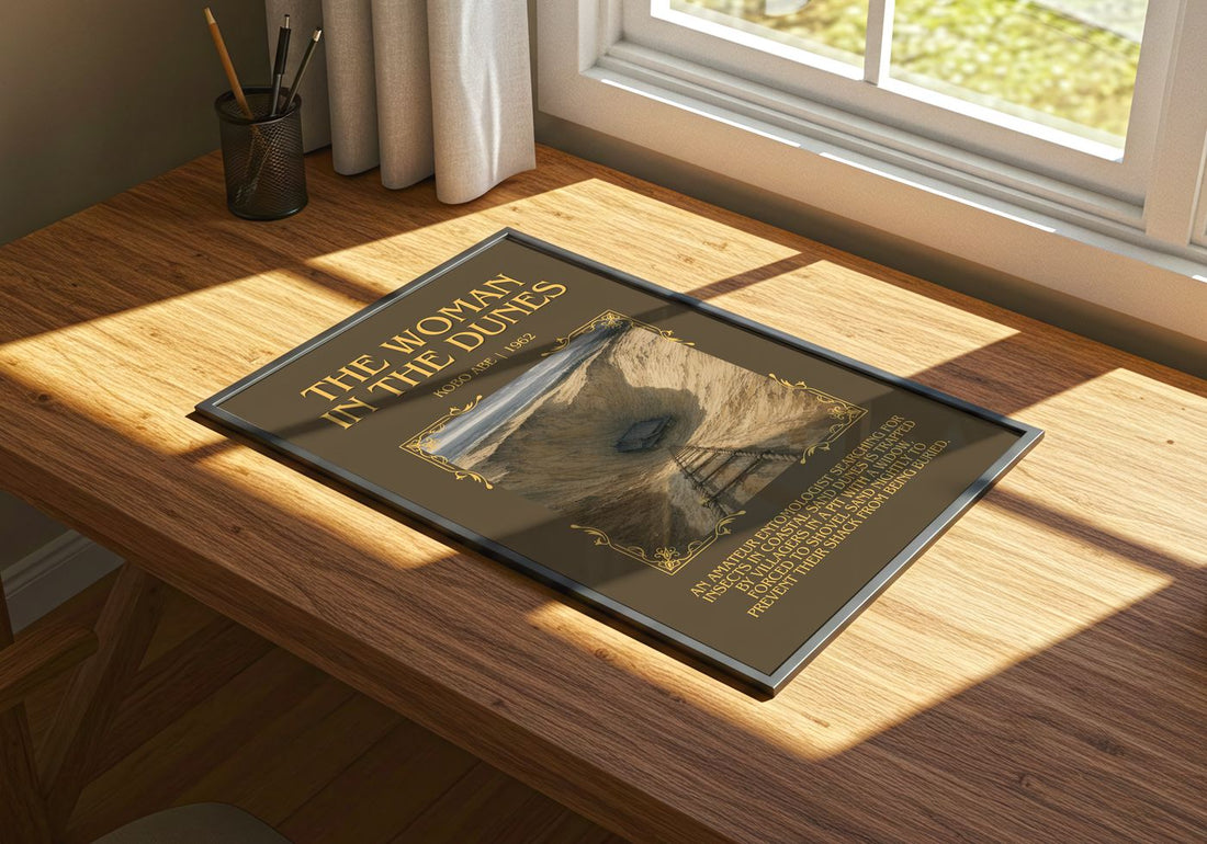 The Woman in the Dunes Minimalist Book Poster by Kobo Abé – print on a sunlit desk