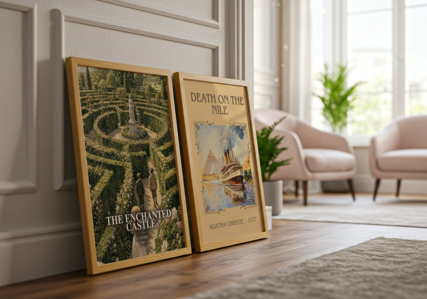 The Enchanted Castle watercolour print framed by window – literary home decor