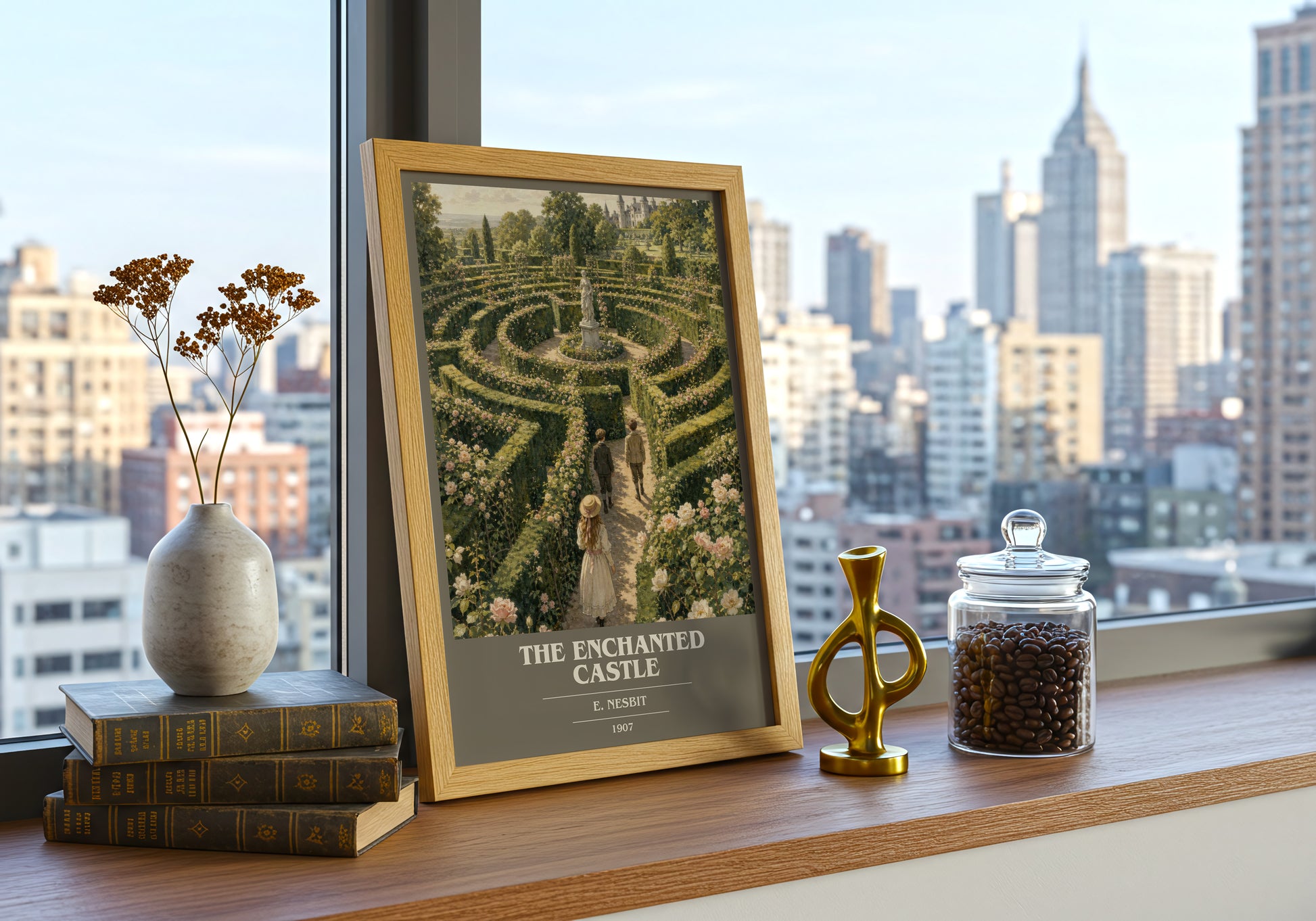 The Enchanted Castle book cover print framed by window – literary home decor