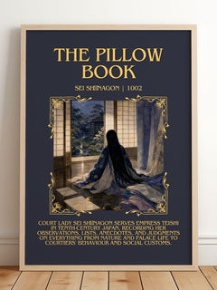 The Pillow Book Minimalist Book Poster by Sei Shōnagon – framed print leaning on a wooden floor