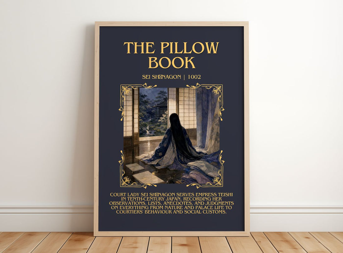The Pillow Book Minimalist Book Poster by Sei Shōnagon – framed print leaning on a wooden floor
