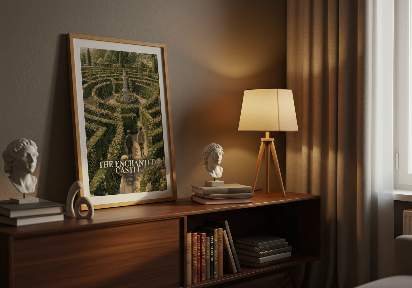 The Enchanted Castle watercolour print on bookshelf – E. Nesbit fan gift