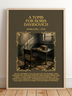 A Tomb for Boris Davidovich Minimalist Book Poster by Danilo Kiš – framed print leaning on a wooden floor