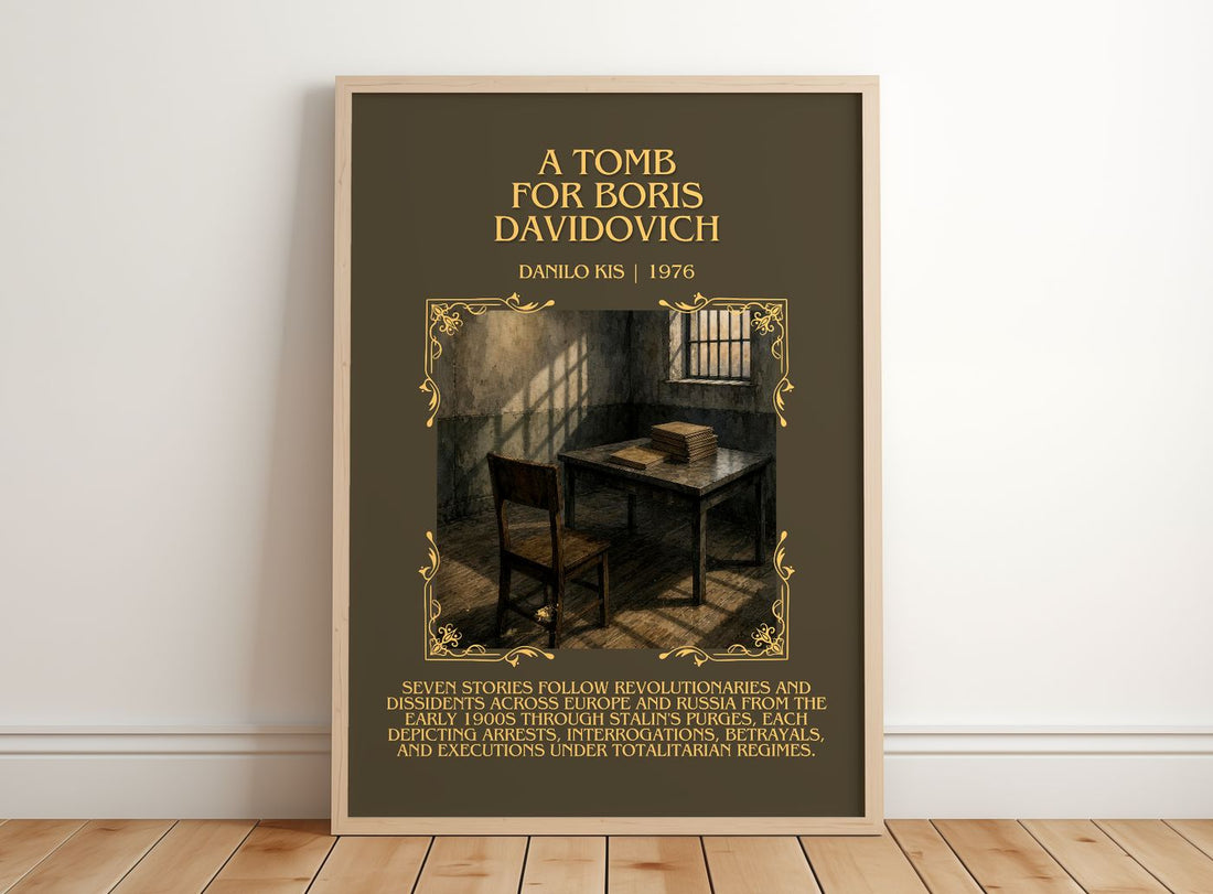 A Tomb for Boris Davidovich Minimalist Book Poster by Danilo Kiš – framed print leaning on a wooden floor