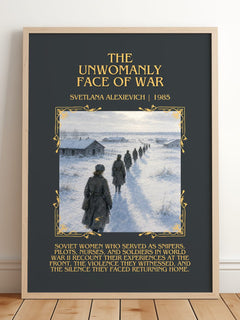 Unwomanly Face Of War Minimalist Book Poster by Svetlana Alexievich – framed print leaning on a wooden floor