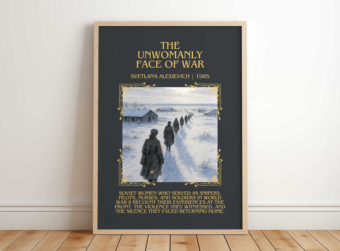 Unwomanly Face Of War Minimalist Book Poster by Svetlana Alexievich – framed print leaning on a wooden floor
