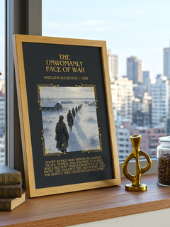Unwomanly Face Of War Minimalist Book Poster by Svetlana Alexievich – framed print on a city-view windowsill
