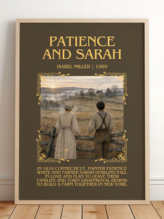 Patience And Sarah Minimalist Book Poster by Isabel Miller – framed print leaning on a wooden floor