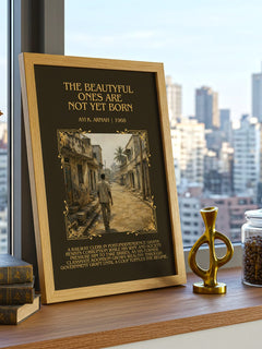 Beautyful Ones are Not Yet Born Minimalist Book Poster by Ayi K. Armah – framed print on a city-view windowsill