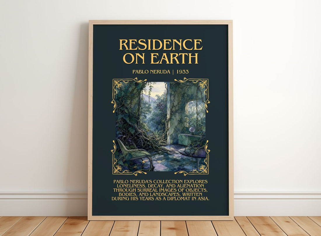 Residence on Earth Minimalist Book Poster by Pablo Neruda – framed print leaning on a wooden floor