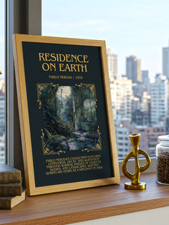 Residence on Earth Minimalist Book Poster by Pablo Neruda – framed print on a city-view windowsill