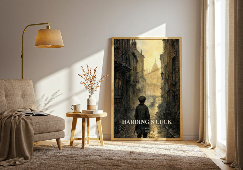 Harding'S Luck watercolour print in frame leaning in hallway – childrens wall art