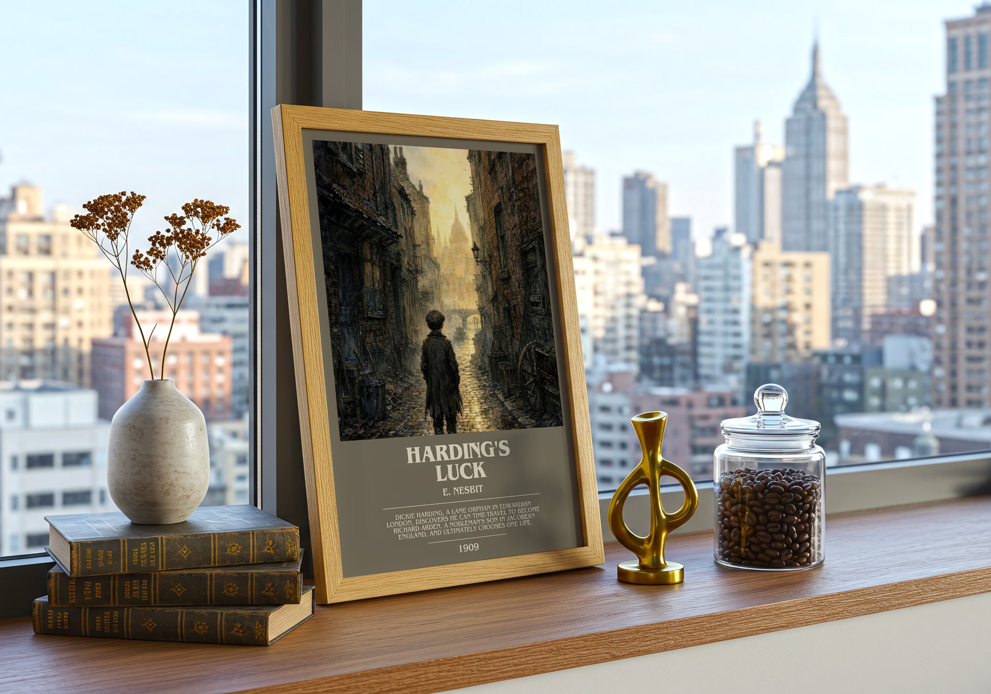 Harding'S Luck bookish print framed by window – literary home decor