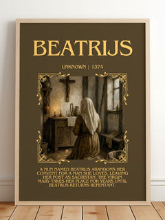 Beatrijs Minimalist Book Poster by Unknown – framed print leaning on a wooden floor