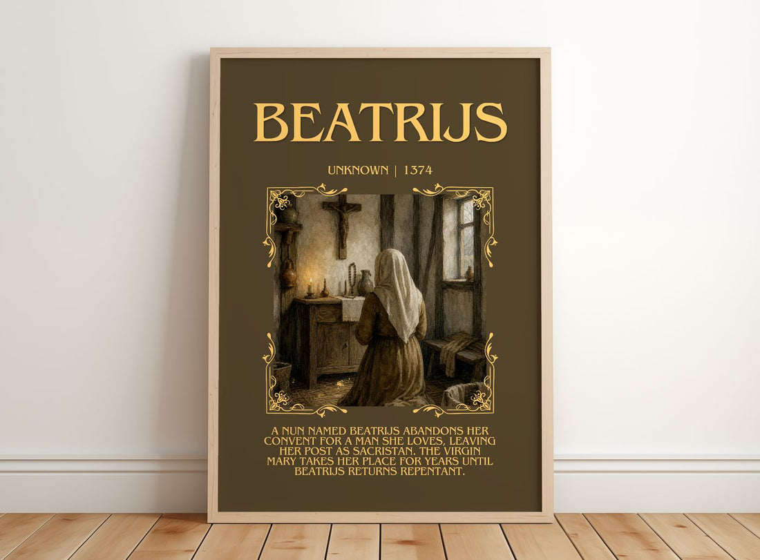 Beatrijs Minimalist Book Poster by Unknown – framed print leaning on a wooden floor