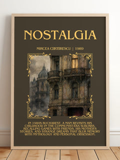 Nostalgia Minimalist Book Poster by Mircea Cărtărescu – framed print leaning on a wooden floor