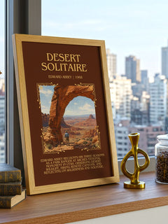 Desert Solitaire Minimalist Book Poster by Edward Abbey – framed print on a city-view windowsill