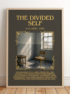 The Divided Self Minimalist Book Poster by R. D. Laing – framed print leaning on a wooden floor