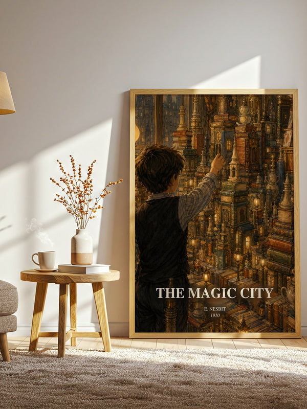 The Magic City watercolour print in frame leaning in hallway – childrens wall art